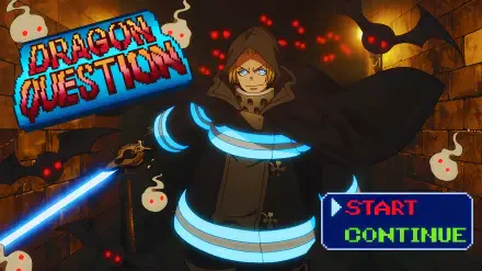 4K Ultra HD PC desktop wallpaper: Fire Force's Arthur Boyle in a hooded cloak, wielding a glowing blue sword with a pixel Dragon Questium logo and Start/Continue game HUD — anime quest background.
