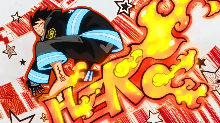 4K Ultra HD PC wallpaper of Shinra Kishitani from Fire Force: anime hero in blue-trimmed firefighter uniform leaping as stylized flames spell HERO against a vibrant comic-style background.