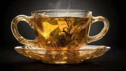 4K Ultra HD PC desktop wallpaper: steaming oolong tea in an ornate double-handled glass cup on a matching saucer, amber leaves swirling.