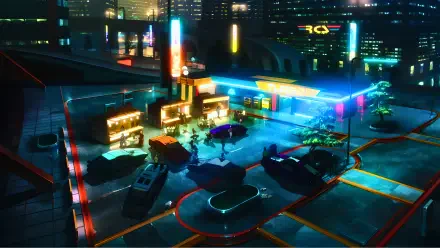 4K Ultra HD PC desktop wallpaper: anime Cyberpunk: Edgerunners-style Night City rooftop parking, neon food stalls and Pixar-esque cars bathed in blue and magenta light.