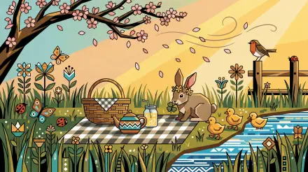 Cute spring 5K Ultra HD PC desktop wallpaper showing a picnic with a flower-crowned bunny, basket and lemonade, ducklings by a stream, blossoms and butterflies.