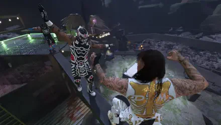 WWE 2K26 video game HD PC desktop wallpaper/background showing two masked, tattooed wrestlers battling on a rooftop ledge above a ruined cityscape.