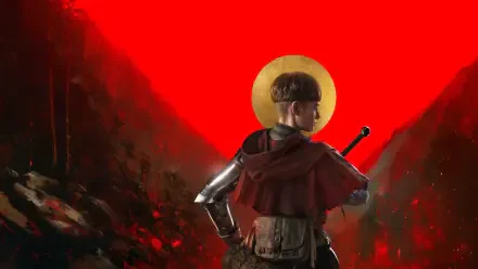Video game 4K Ultra HD PC wallpaper: 1348 Ex Voto — a knight in red cloak and armor, sword at his back and a golden halo, stands before a blood-red ravine.