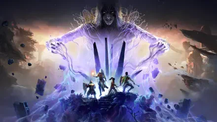 Solasta II video game fantasy artwork 2K Quad HD PC desktop wallpaper: four adventurers on a shattered peak confront a towering hooded spectral figure radiating purple energy amid floating debris.