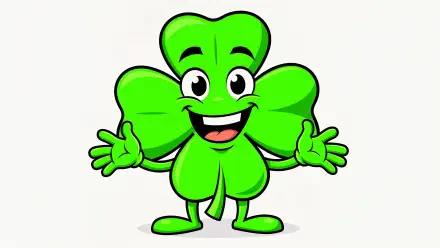 Cartoon shamrock character with smiling face and outstretched arms on a clean white background — 4K Ultra HD PC desktop wallpaper and background.