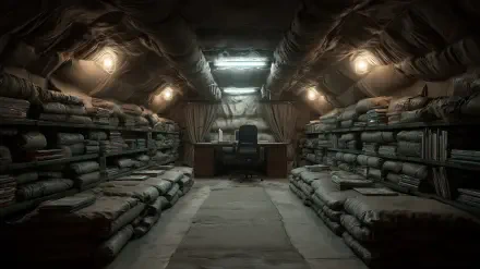 Underground post-apocalyptic military bunker interior with stacked cots and sandbag walls, central desk and chair under a skylight — 2K Quad HD PC desktop wallpaper/background.