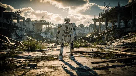 4K Ultra HD PC desktop wallpaper and background — lone humanoid robot in sunlit post-apocalyptic urban ruins, debris and broken buildings beneath a dramatic cloudy sky.