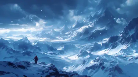 2K Quad HD anime landscape: a solitary figure on a snowy mountain ridge amid winter peaks and drifting snow, vast blue-white vistas — PC desktop wallpaper/background.