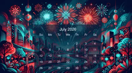 July 2026 calendar on a vibrant 5K Ultra HD PC desktop wallpaper: neon cityscape with fireworks, lanterns and decorative florals.