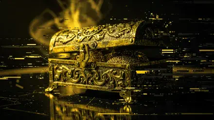 Ornate golden jewelry box emitting sparks and digital glitch fragments, reflected on a glossy surface — 4K Ultra HD PC desktop wallpaper and background.