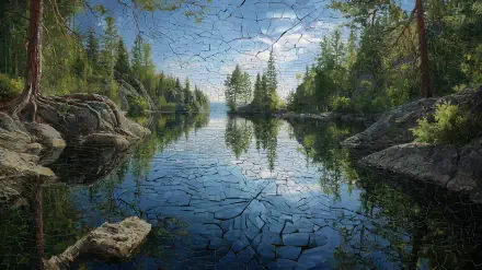 2K Quad HD PC desktop wallpaper and background: serene nature landscape — reflective forest lake with pine trees and rocky shores, cracked earth texture overlay across water and sky.