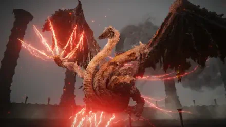 HD PC desktop wallpaper of Dragonlord Placidusax from Elden Ring — an Elder God three-headed dragon unleashing red lightning across a stormy Souls-like landscape.