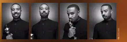 Black-and-white HD desktop wallpaper: triptych portraits of a male actor at the Academy Awards, holding and kissing an Oscar statuette.