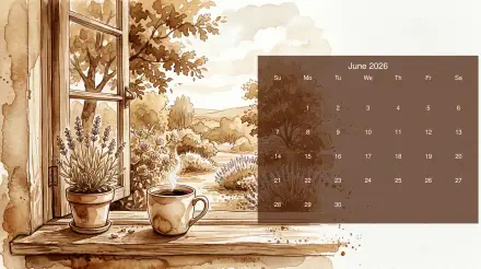 June 2026 calendar overlay on a warm sepia watercolor windowsill with potted lavender and a mug overlooking rolling countryside — 5K Ultra HD PC desktop wallpaper/background.