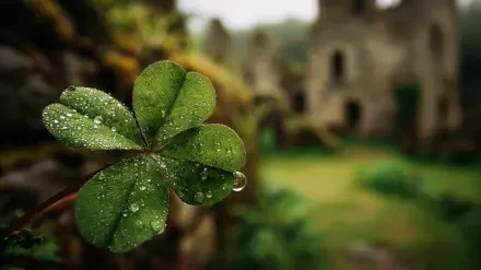 Dew-covered four-leaf clover with a hanging water droplet and blurred stone ruins behind — St. Patrick's Day 2K Quad HD desktop wallpaper.