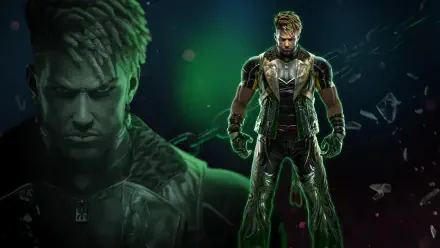 4K Ultra HD PC desktop wallpaper of Tekken 8 fighter Eddy Gordo in a capoeira stance with neon green aura and shattered glass backdrop.