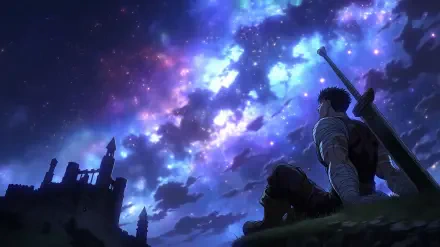 Melancholic sky anime scene: Guts (Berserk) sits with his greatsword under a vivid, star-filled nebula — 2K Quad HD PC desktop wallpaper background.