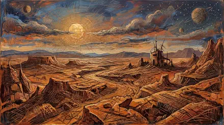 5K Ultra HD PC desktop wallpaper and background: panoramic desert planet at sunset with rocky mesas, ruined outpost, twin moons and a starry, textured sky.