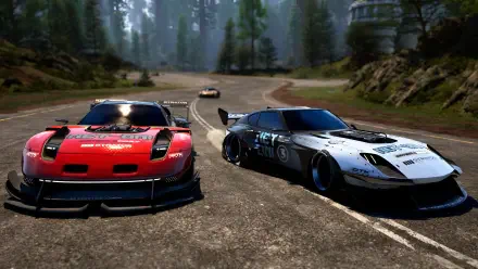 Two race cars — red and white — drift on a forested mountain road in a high-detail 4K Ultra HD PC desktop wallpaper from the racing video game Screamer (2026).
