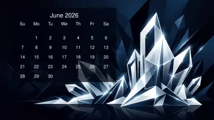 June 2026 calendar over abstract crystalline shards on a dark blue geometric background — 5K Ultra HD PC desktop wallpaper/background.