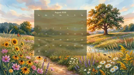 August 2026 calendar over 5K Ultra HD PC desktop wallpaper background: sunlit wildflower meadow with butterflies, winding path, tree by a stream under a pastel sky.