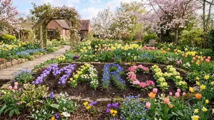 5K Ultra HD PC desktop wallpaper: sunlit spring garden with a circular flowerbed spelling MARCH in colorful tulips, crocuses and blossoms, stone paths and a cottage beyond.