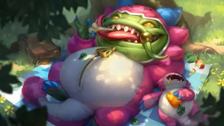 Video game 4K Ultra HD PC wallpaper: League of Legends' Tahm Kench in a whimsical pink floral costume, reclining on a picnic blanket with snacks.