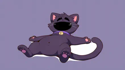 CatNap (Poppy Playtime) art: a dark cartoon cat with a bell collar sprawled on its back, paws up, napping on a lavender background. 2K Quad HD PC desktop wallpaper, dark gaming vibe.