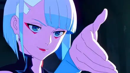 Lucy from Cyberpunk: Edgerunners — anime girl with icy blue hair and piercing blue eyes reaching out in neon-lit scene; 4K Ultra HD PC desktop cyberpunk wallpaper.