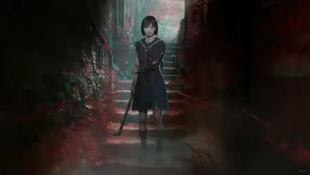 Silent Hill F — 4K Ultra HD PC desktop wallpaper of a lone girl in a school uniform holding a bat on misty, blood-streaked steps in a decaying alley.