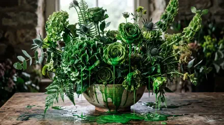 5K Ultra HD PC desktop wallpaper: overflowing bowl of vibrant green succulents and foliage dripping neon green paint on a rustic wooden table, soft window light in background.