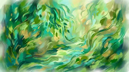 Abstract green swirls and leaf-like forms in flowing brushstrokes, vibrant 5K Ultra HD PC desktop wallpaper background.