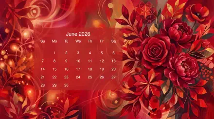 June 2026 calendar on a red rose and leafy pattern — 5K Ultra HD PC desktop wallpaper and background.