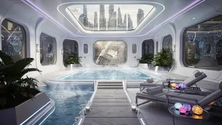 Futuristic spa interior with indoor pool, skylight framing a city skyline, lounge chairs, glowing orbs and plants — 4K Ultra HD PC desktop wallpaper and background.