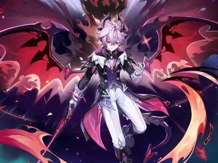 HD PC desktop wallpaper/background from the video game Genshin Impact showing Durin — a pale, purple‑haired, dark‑winged figure in white‑purple attire against swirling crimson cosmic energy.