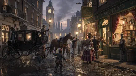 Victorian-era rainy cobblestone street at dusk with horse-drawn carriage, gas lamps, shopfronts and period-dressed figures — 4K Ultra HD PC desktop wallpaper/background.