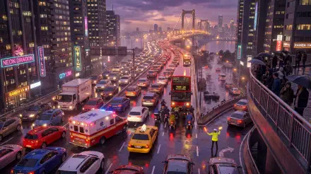 5K Ultra HD PC desktop wallpaper and background: rainy city traffic jam at dusk, packed lanes of cars, buses and an ambulance flowing toward a glowing suspension bridge.