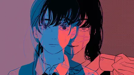 Anime 2K Quad HD PC wallpaper background of Asa Mitaka from Chainsaw Man, layered with the War Devil in red and blue double-exposure, moody portrait and shadowed silhouette.