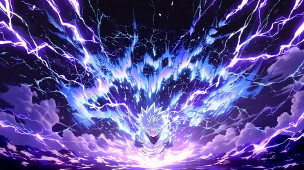 Purple anime 2K Quad HD desktop wallpaper of Killua Zoldyck (Hunter x Hunter) unleashing a crackling electric aura, purple lightning bursting outward over stormy clouds.