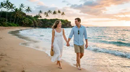 Honeymoon couple walking hand-in-hand along a tropical beach at sunset — 5K Ultra HD PC desktop wallpaper/background showing romantic shoreline, palm trees, and gentle waves.