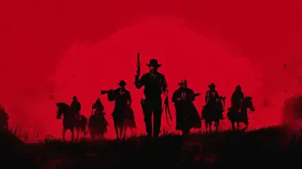 Red Dead Redemption video game HD PC desktop wallpaper: black silhouettes of outlaws and a gunslinger set against a stark red-and-black horizon.