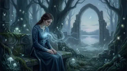 5K Ultra HD PC desktop wallpaper and background: lone woman in moonlit ruins, ethereal light drifting from her hands, mossy stones and arched gateway framing a crescent sky — mood labeled empty inside.