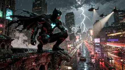 Dark superhero in glowing armored suit crouches on a gargoyle over a rain-soaked neon city, lightning and helicopters overhead — 4K Ultra HD PC desktop wallpaper/background.