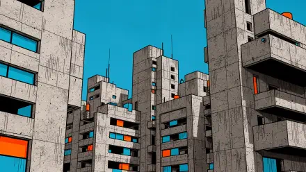 Concrete jungle of stacked brutalist towers against a turquoise sky with orange window accents — 4K Ultra HD PC desktop wallpaper and background.