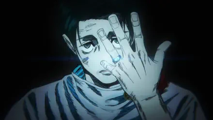 HD PC desktop wallpaper of Yuta Okkotsu (Jujutsu Kaisen), hand partly covering his face as a blue glow lights his fingertip against a dark, moody backdrop.