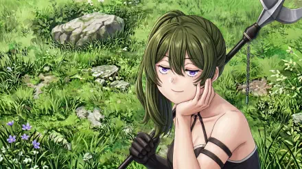 5K Ultra HD PC Desktop Wallpaper and Background: green-haired anime woman with purple eyes lounges in a sunlit grassy meadow, chin on hand, spear propped behind her.