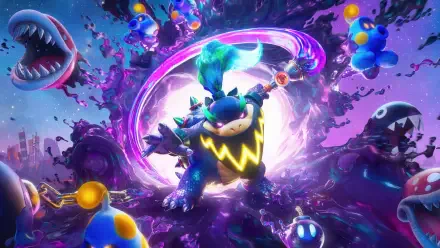 The Super Mario Galaxy Movie 4K Ultra HD PC desktop wallpaper: neon-lit Bowser Jr. charging through a cosmic vortex surrounded by Piranha Plants, Lumas and shadowy mini foes.