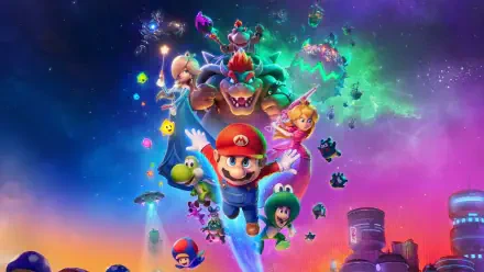The Super Mario Galaxy Movie 4K Ultra HD PC desktop wallpaper and background: Mario, Luigi, Peach, Yoshi and Bowser soaring through a colorful, starry galaxy with planets and Lumas.