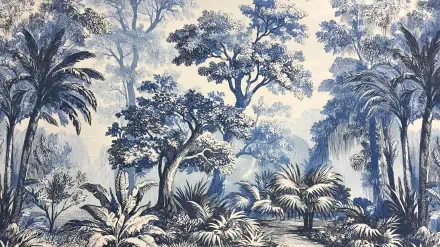 Blue Toile de Jouy jungle scene of palms and trees, Peel-and-Stick wallpaper pattern rendered as a 2K Quad HD PC desktop wallpaper/background.