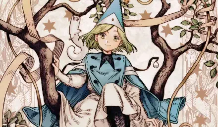 HD PC desktop wallpaper: Coco from Witch Hat Atelier — young witch in a blue cloak and pointed hat seated among stylized trees and stars in detailed anime artwork.